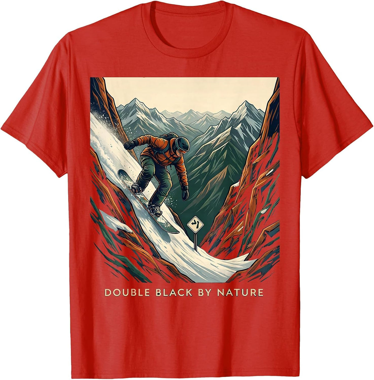 Men's Double Black By Nature Funny Ski Snowboard Winter Sports T-Shirt - Red