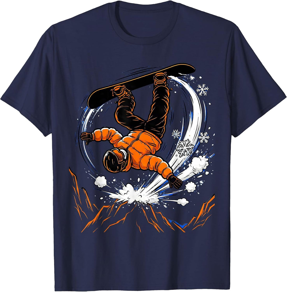 Snowboarder Backflip Mountain Cliff Action Art T-Shirt - Navy Blue