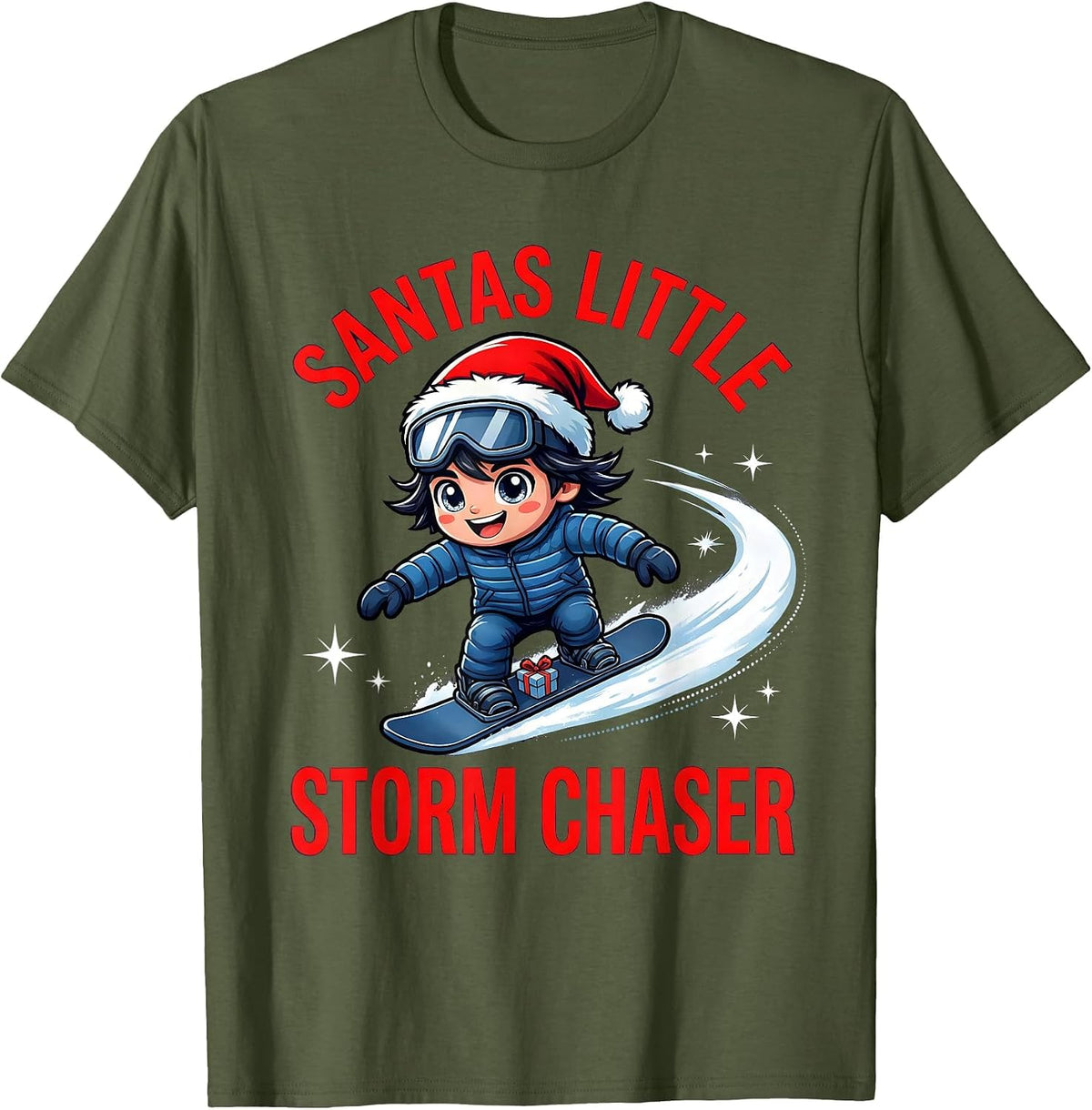 Men's SANTAS LITTLE STORM CHASER Cartoon Snowboarder Christmas T-Shirt - Olive Green