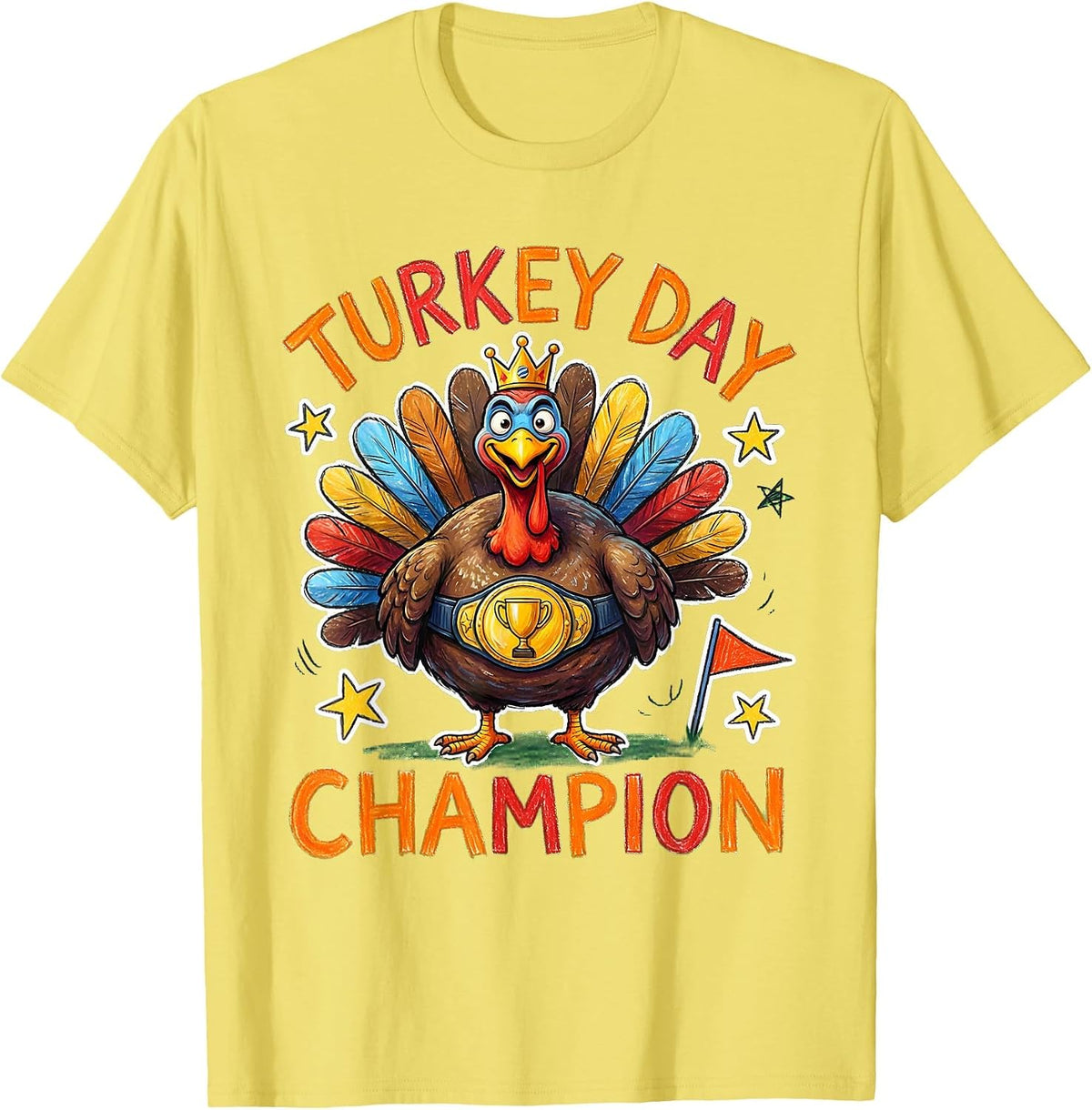 Men's Boys Turkey Day Champion Thanksgiving Design T-Shirt - Lemon Yellow