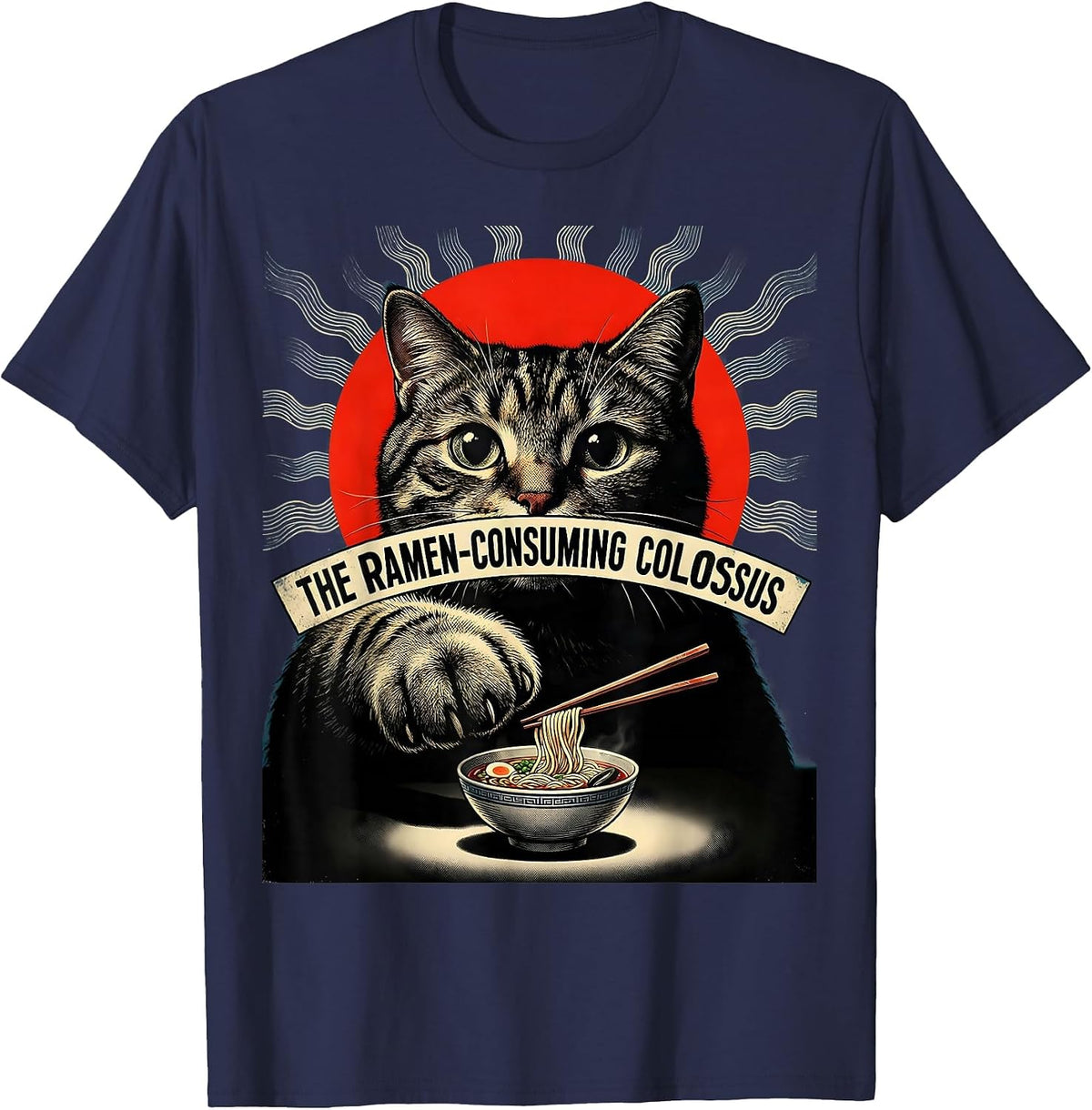 The Ramen-Consuming Colossus Pulp Cover Vintage Kaiju Cat T-Shirt - Navy Blue