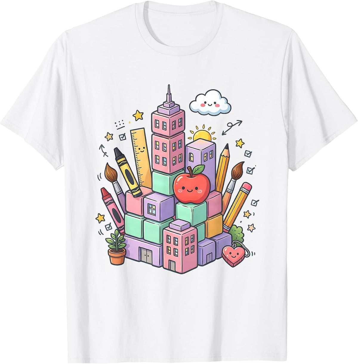 Men's Kindergarten Teacher Block Skyline Graphic T-Shirt - White