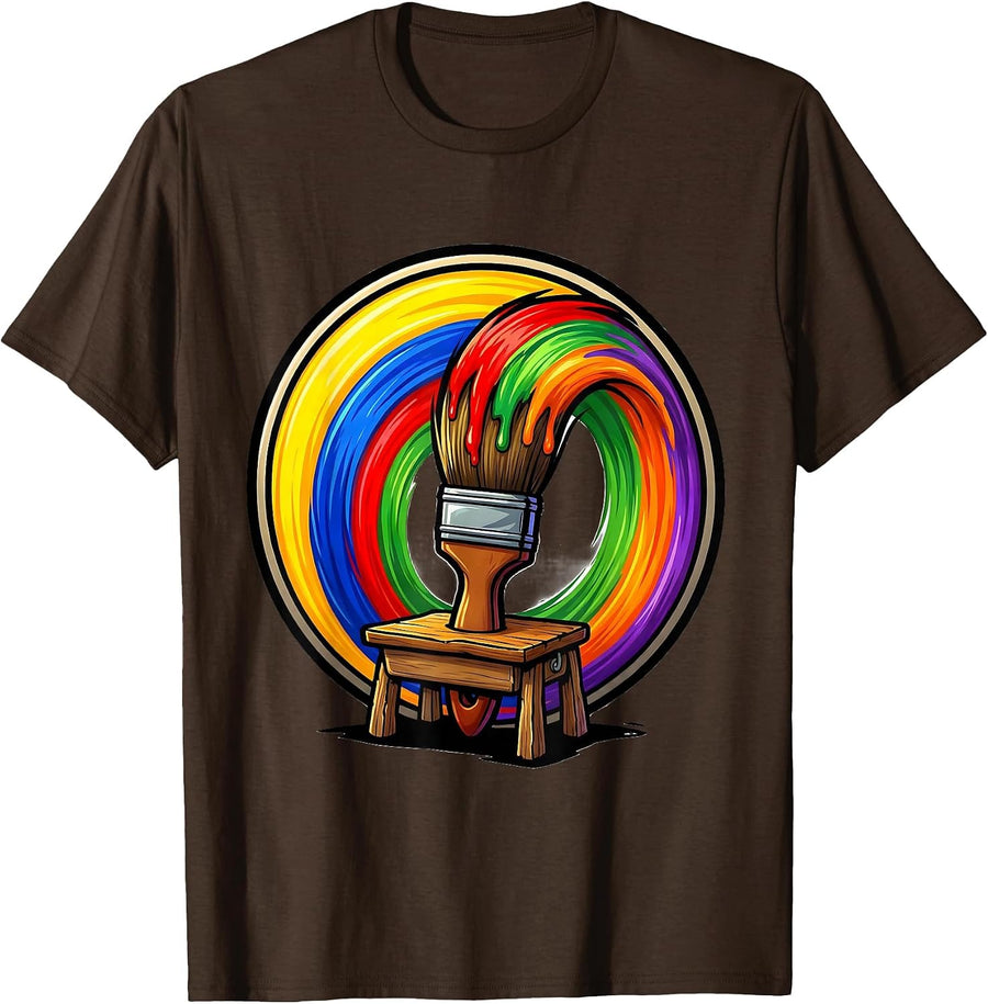 Men's PreK Teacher Paintbrush Rainbow Classroom Art T-Shirt - Brown