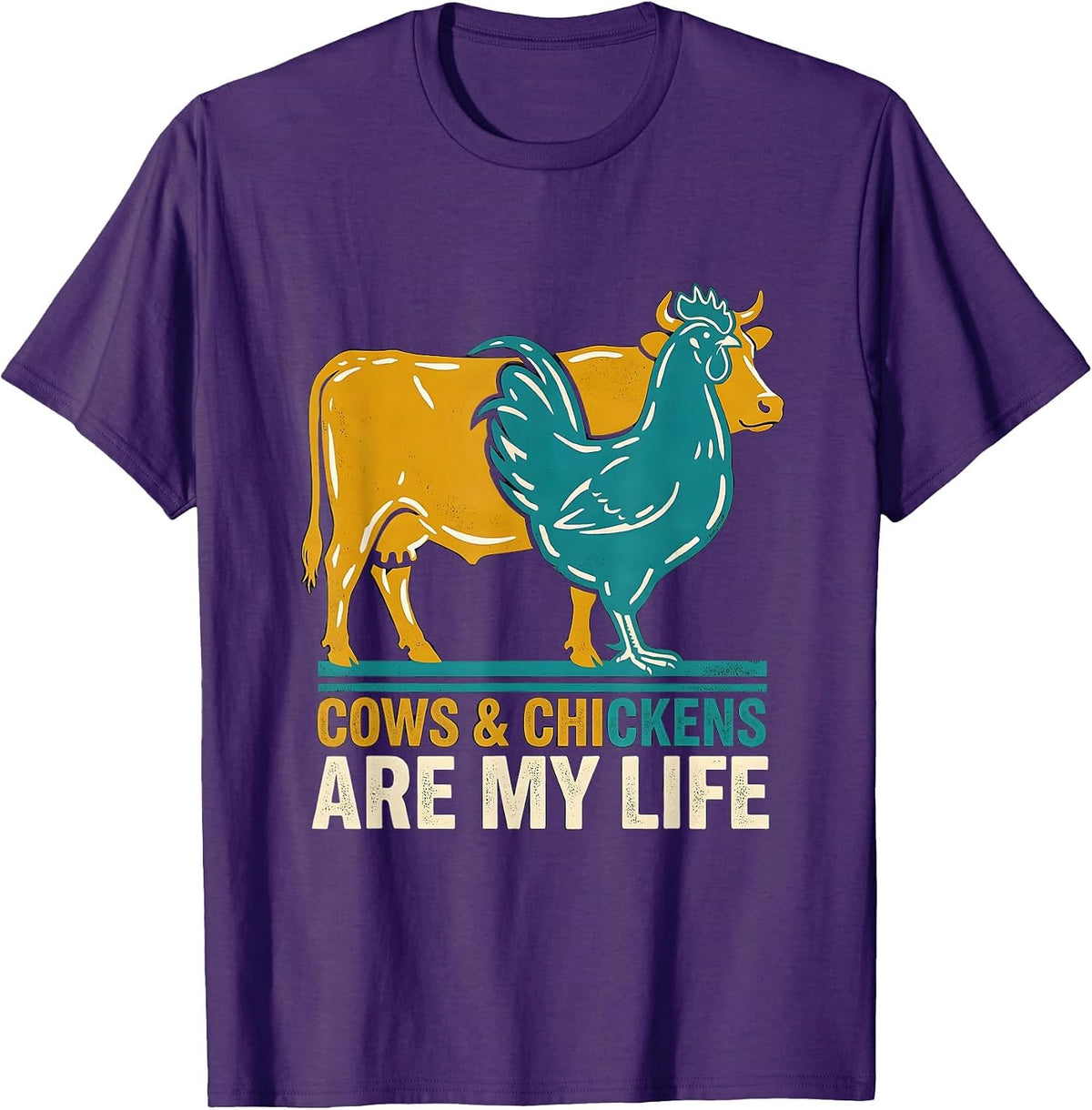 Men's Cows & Chickens Are My Life Midcentury Modern Farm Animal T-Shirt - Purple