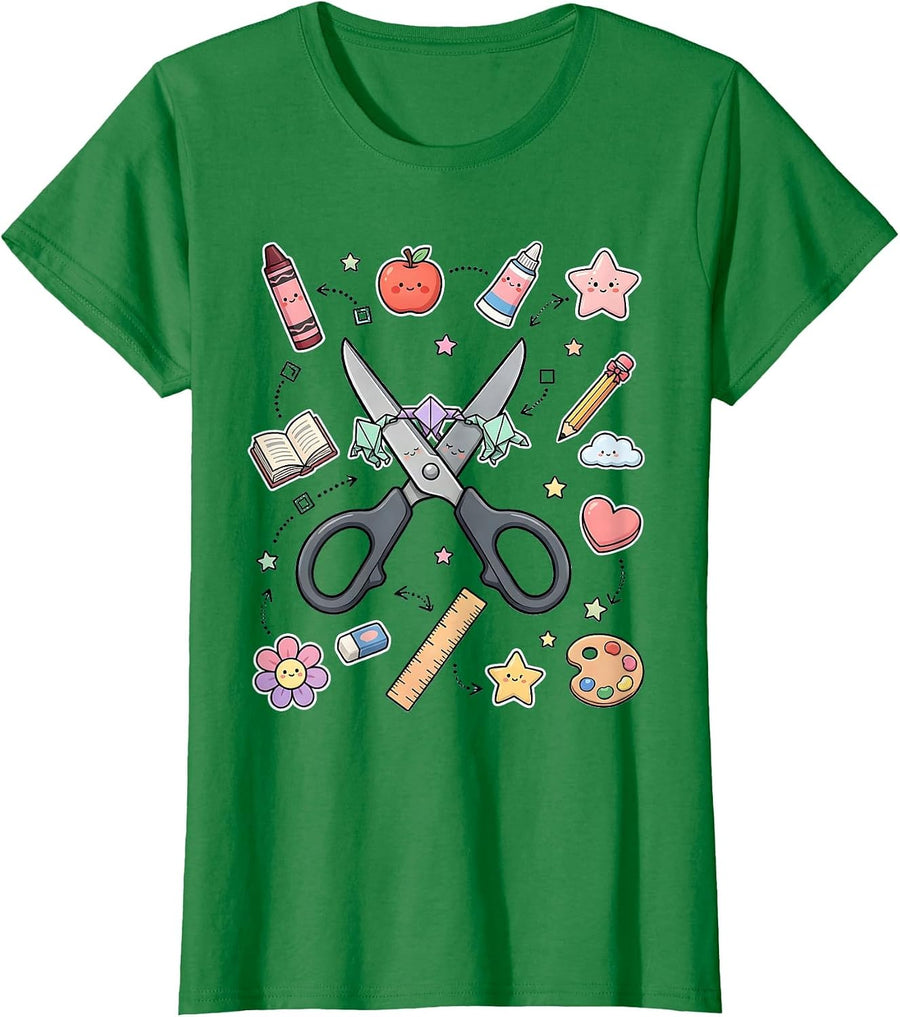 Women's Kindergarten Teacher Scissors Paper Chain Graphic T-Shirt - Kelly Green