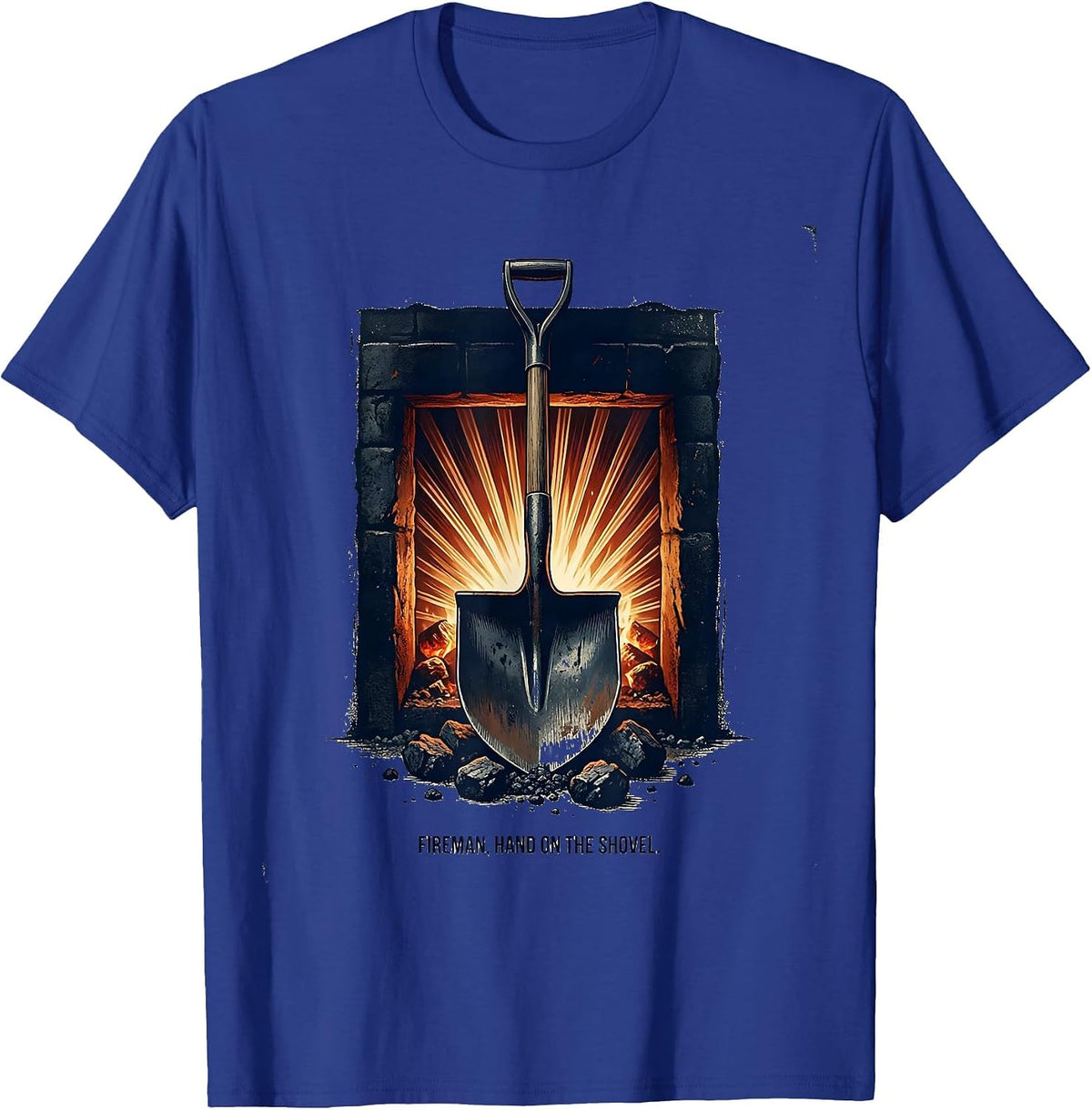 Men's Fireman, Hand On The Shovel Vintage Steam Train Engineer T-Shirt - Royal Blue