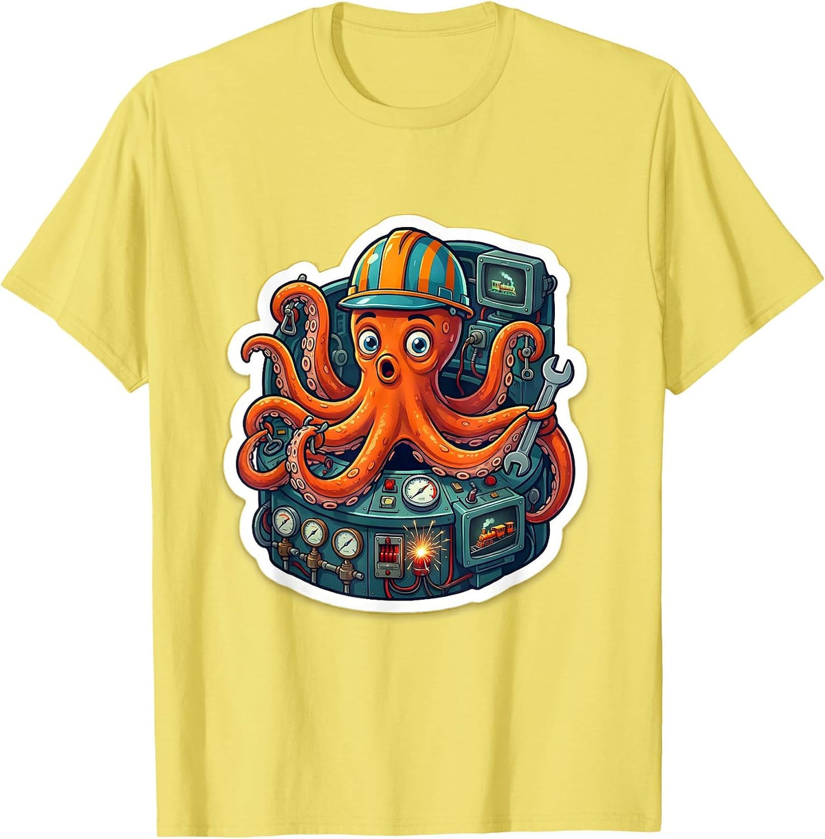 Men's Octopus Engineer Chaos Train Control Room T-Shirt - Lemon Yellow