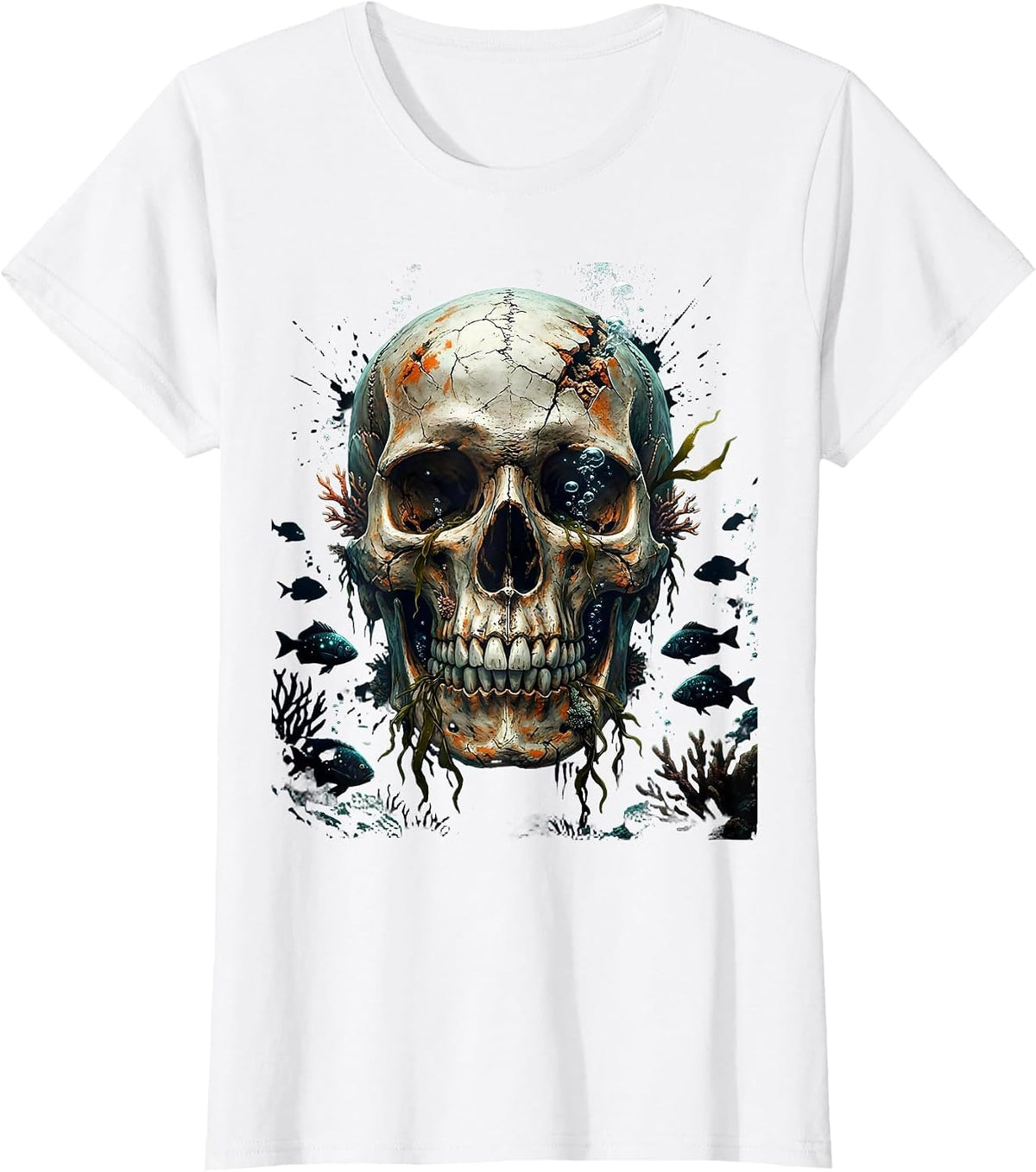Deep Ocean Skull Glowing Fish Illustration T-Shirt - White