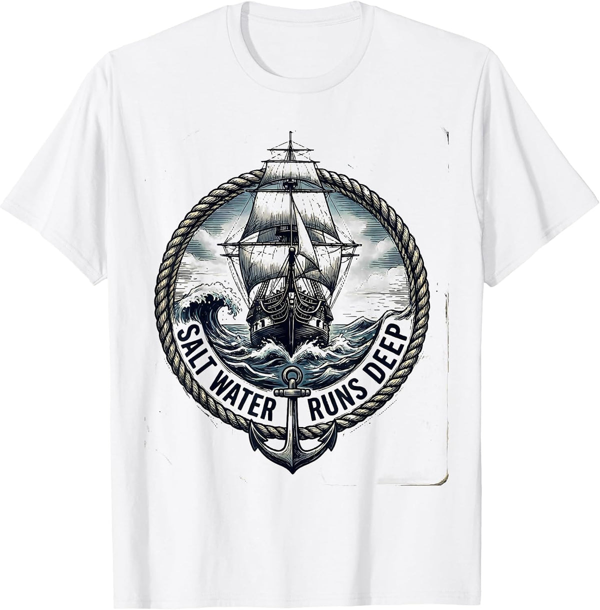 Men's Salt Water Runs Deep Navy Ocean Design T-Shirt - White