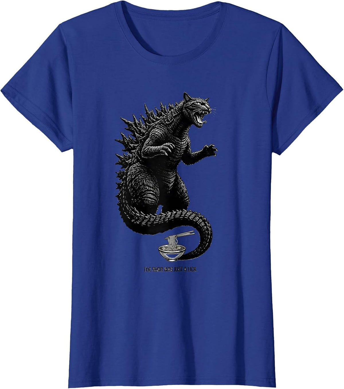 Women's The Roar Was Just A Lick Funny Cat Japanese Art Kaiju Ramen T-Shirt - Royal Blue