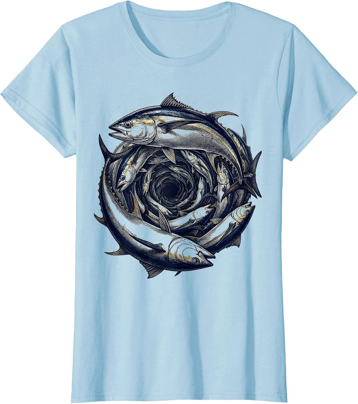 Tuna School Deep Blue Ocean Fishing Graphic T-Shirt - Baby Blue