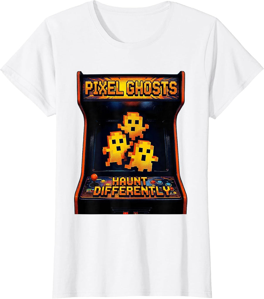 Women's Halloween Gamer Pixel Ghosts Orange Black Design T-Shirt - White