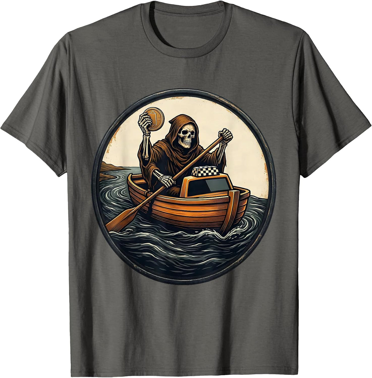 Charon Rowing God Myth Illustration Classic Humor T-Shirt - Asphalt Grey