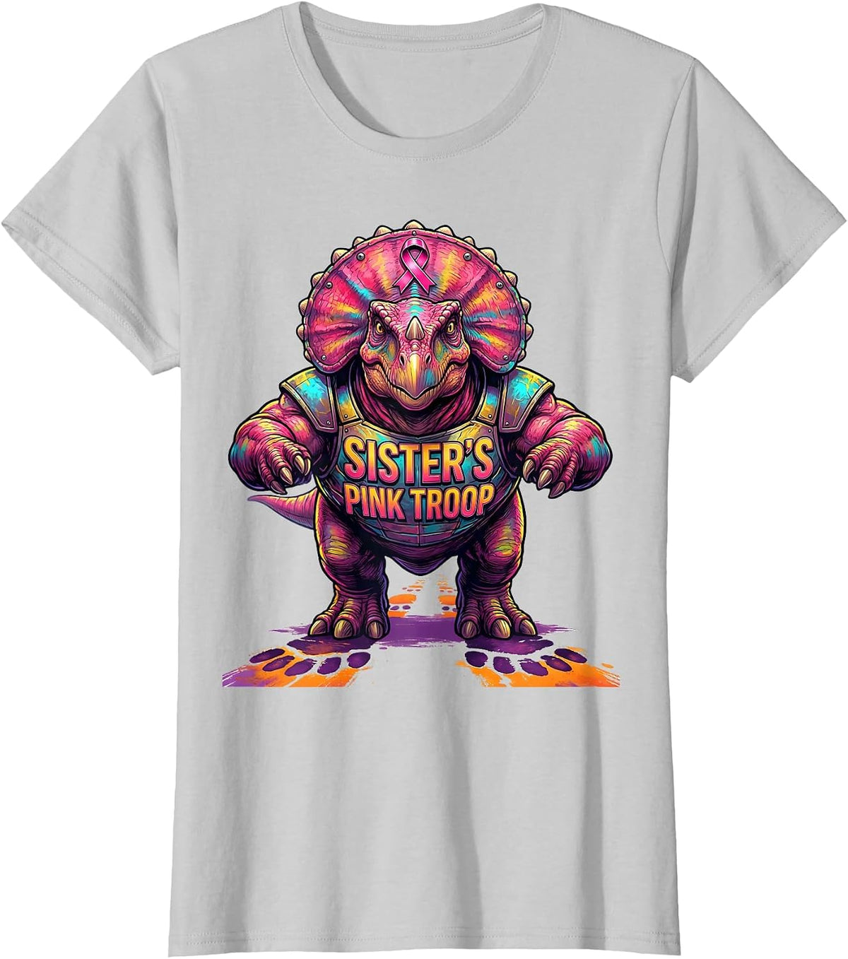 Women's Sister's Pink Troop Colorful Dinosaur Breast Cancer T-Shirt - Silver Grey