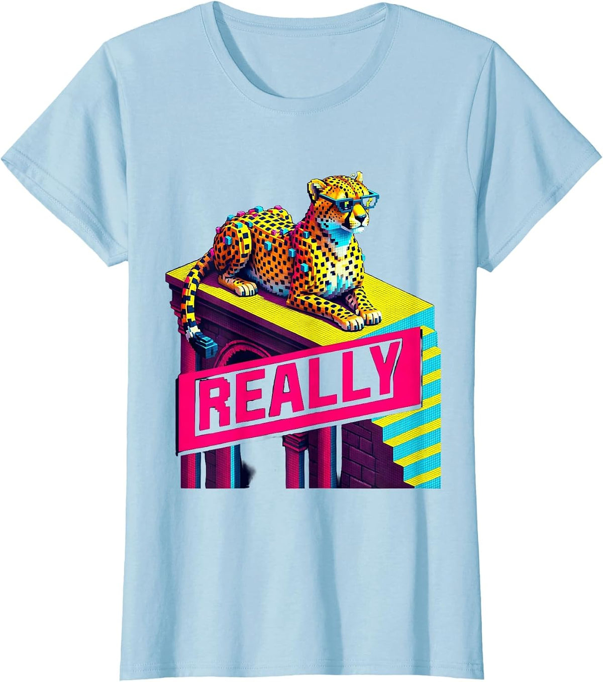 Women's Really Pixel Art Cheetah Lounging Funny Animal Lover Youth T-Shirt - Baby Blue