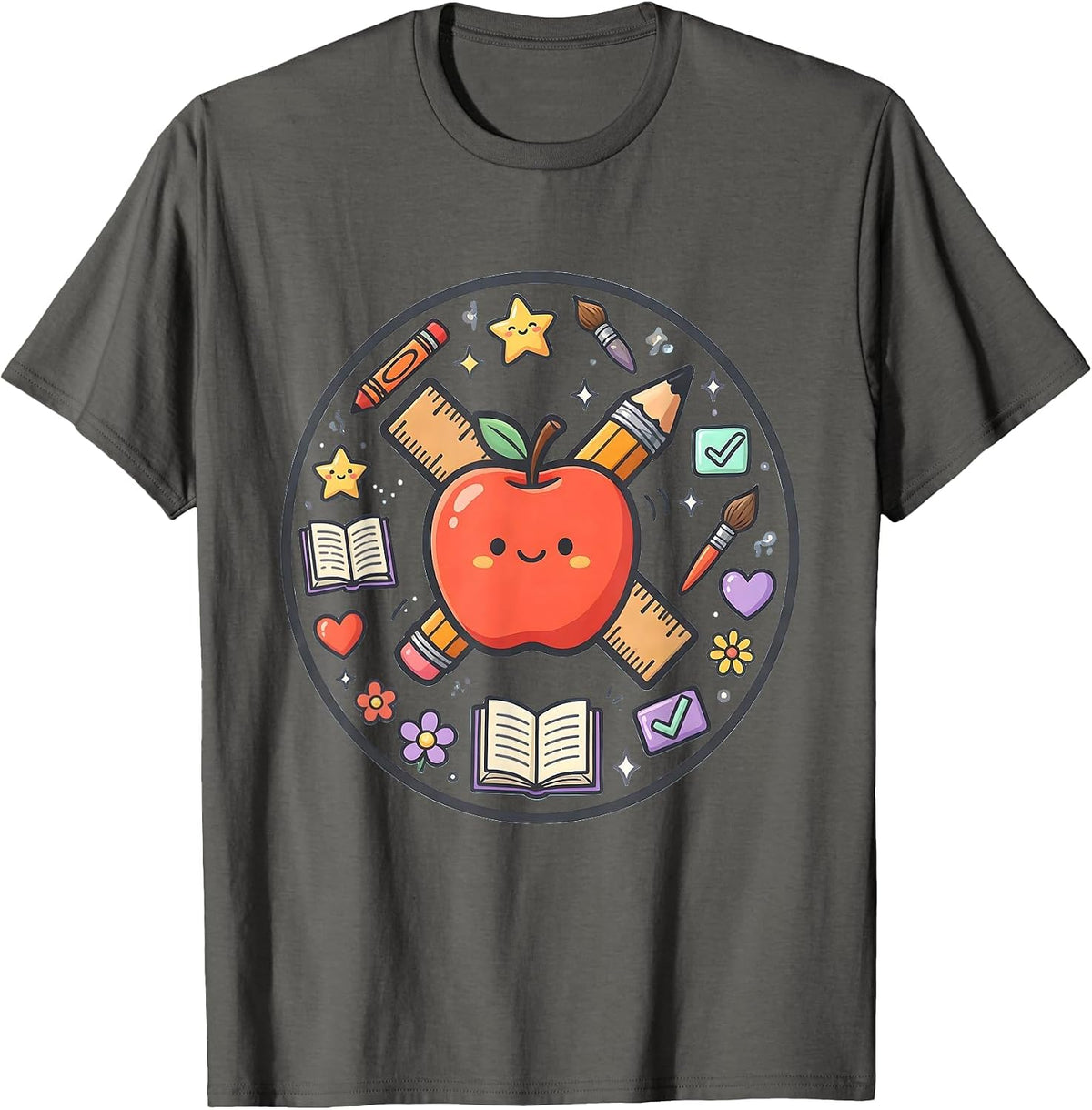 Kindergarten Teacher Apple Ruler Pencil Graphic T-Shirt - Asphalt Grey