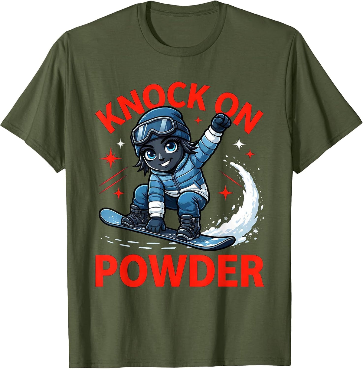 Men's KNOCK ON POWDER Funny Snowboarder Ski Lover Winter T-Shirt - Olive Green