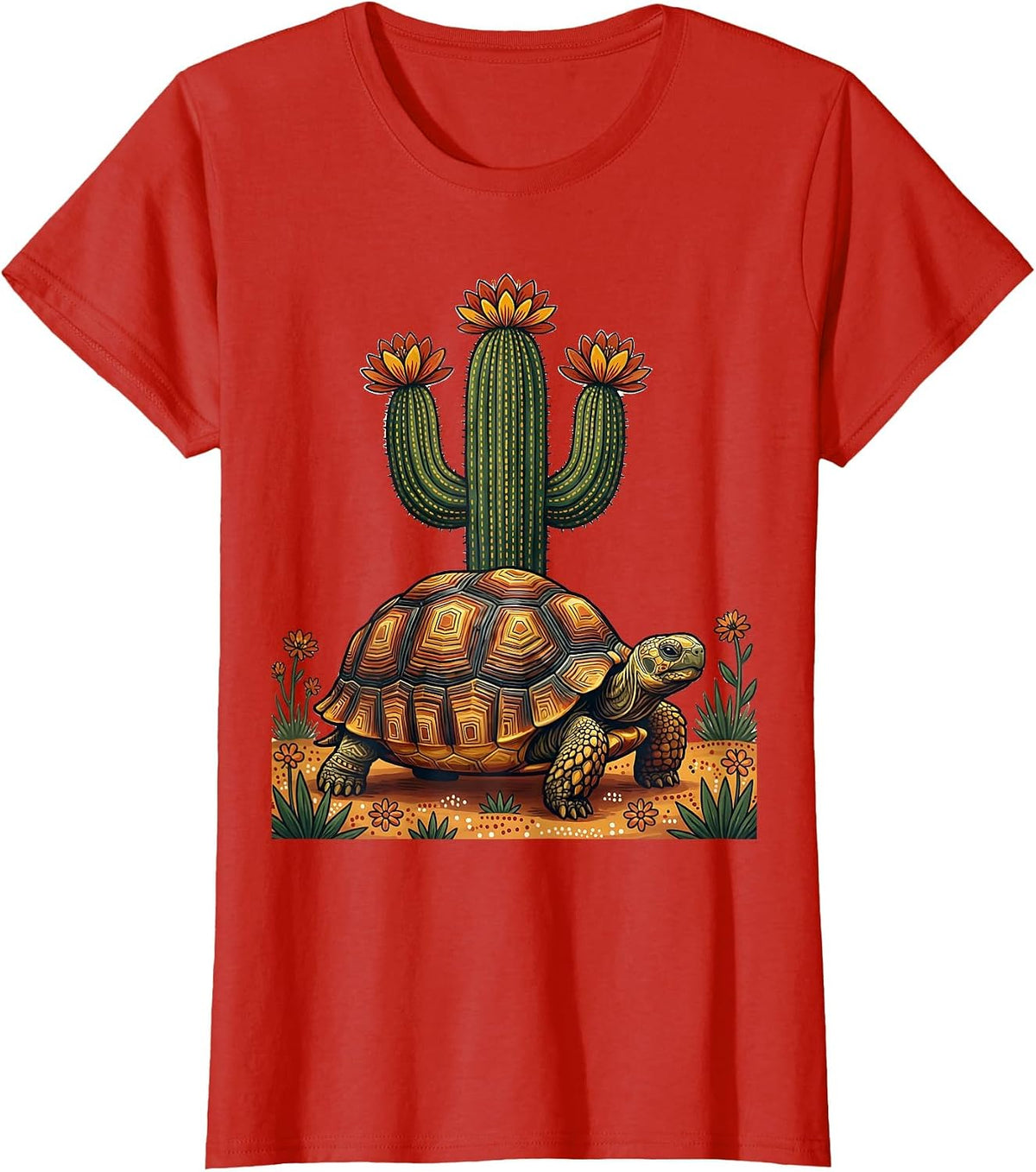 Desert Tortoise and Blooming Cactus Western Art T-Shirt - Red