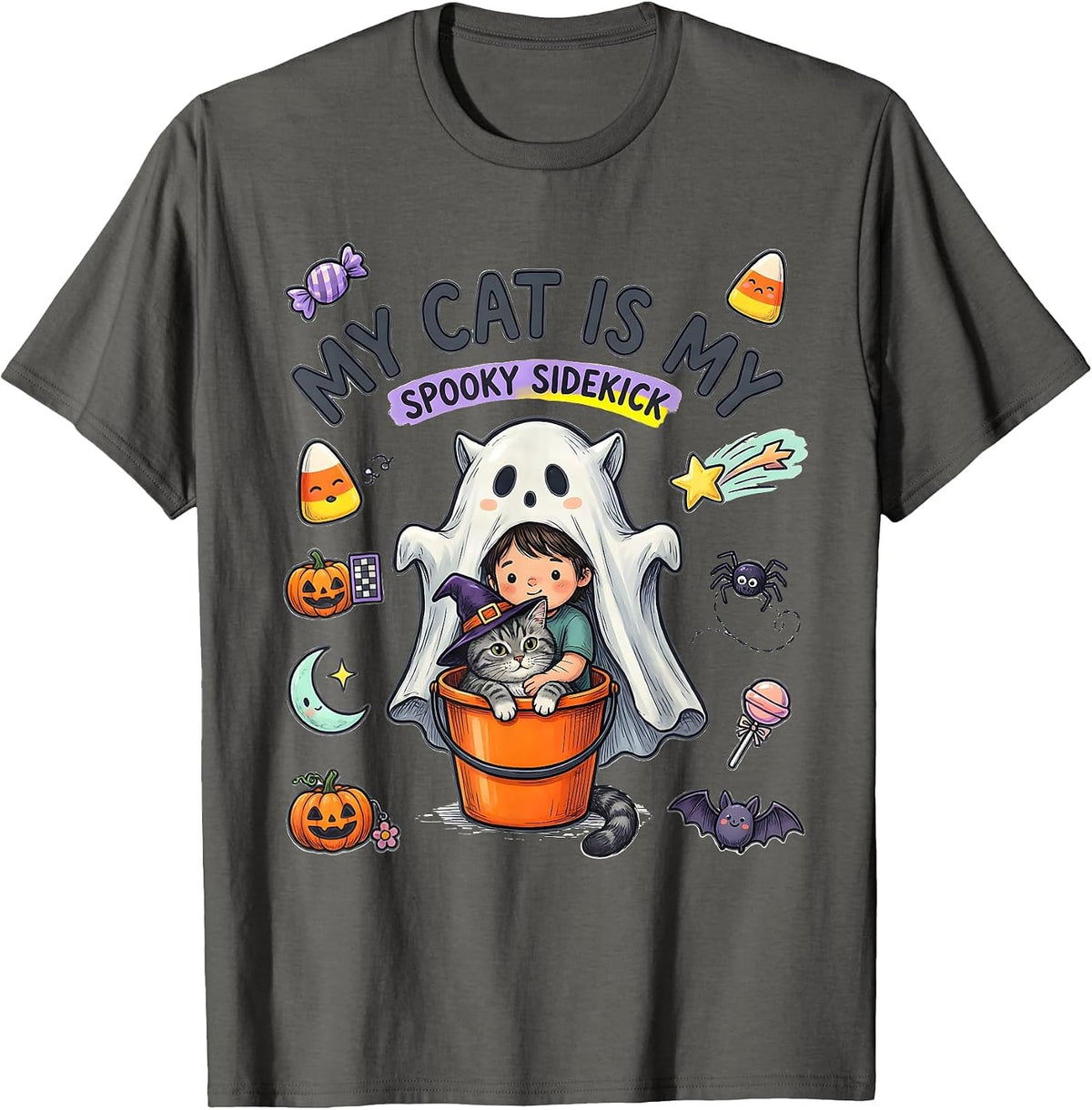 My Cat Is My Spooky Sidekick Kawaii Halloween Cat Lover Gift T-Shirt - Asphalt Grey