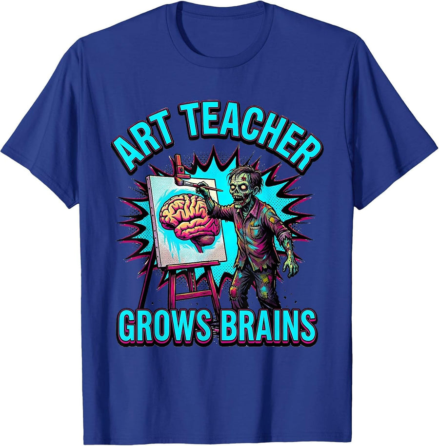 Art Teacher Grows Brains Pop Art Zombie Halloween Humor T-Shirt - Royal Blue