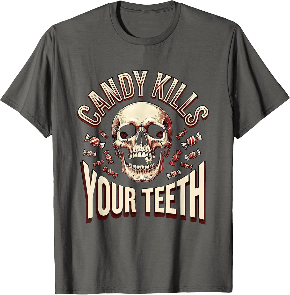 Men's Candy Kills Your Teeth Dental Halloween Design T-Shirt - Asphalt Grey