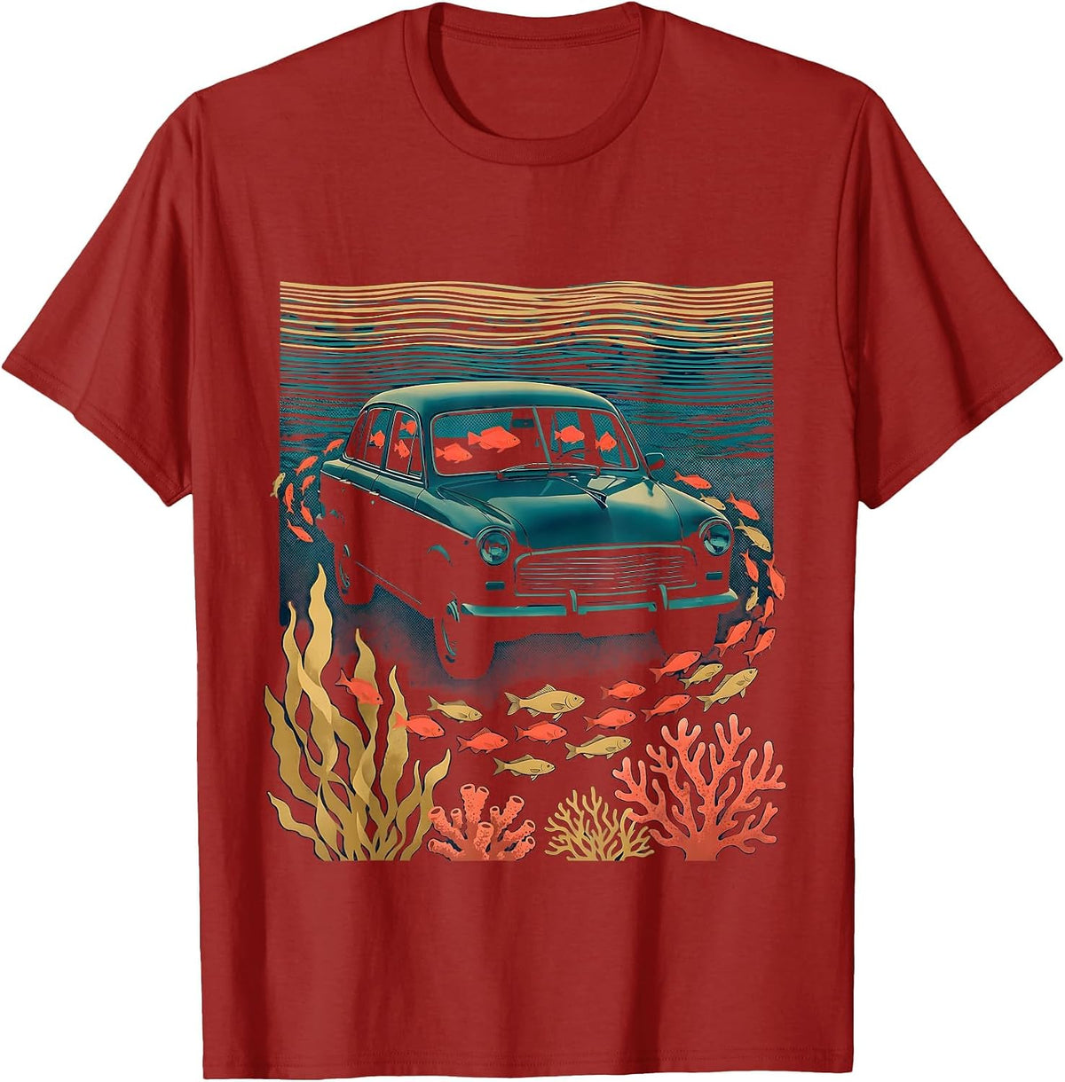 Men's Underwater Car Submerged Fish Swimming Through Windows T-Shirt - Cranberry Red