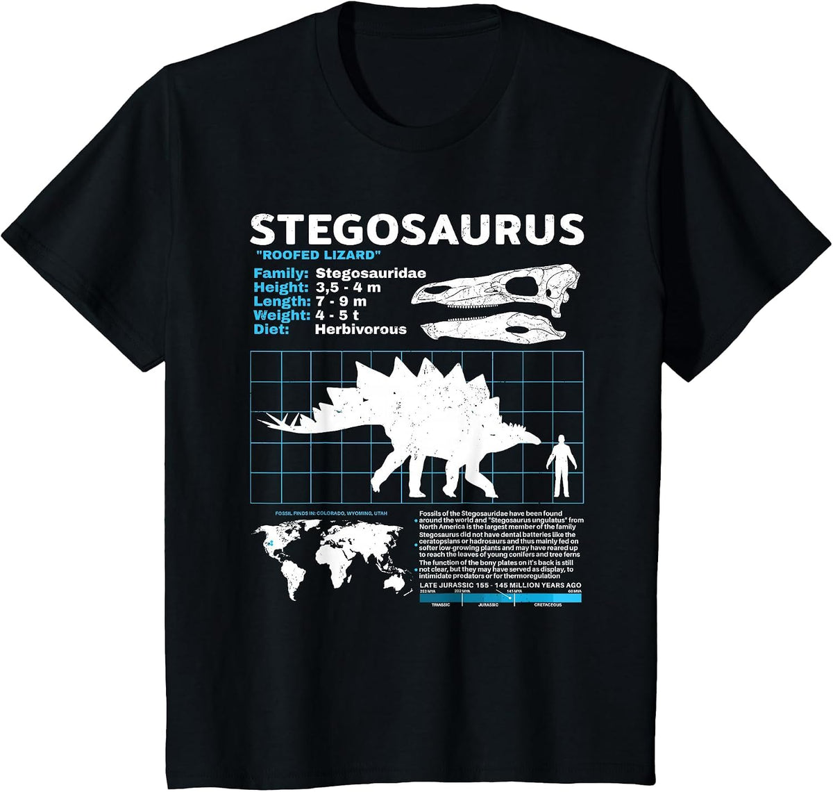 Stegosaurus fact Sheet Dinosaur Facts T-Shirt - Black