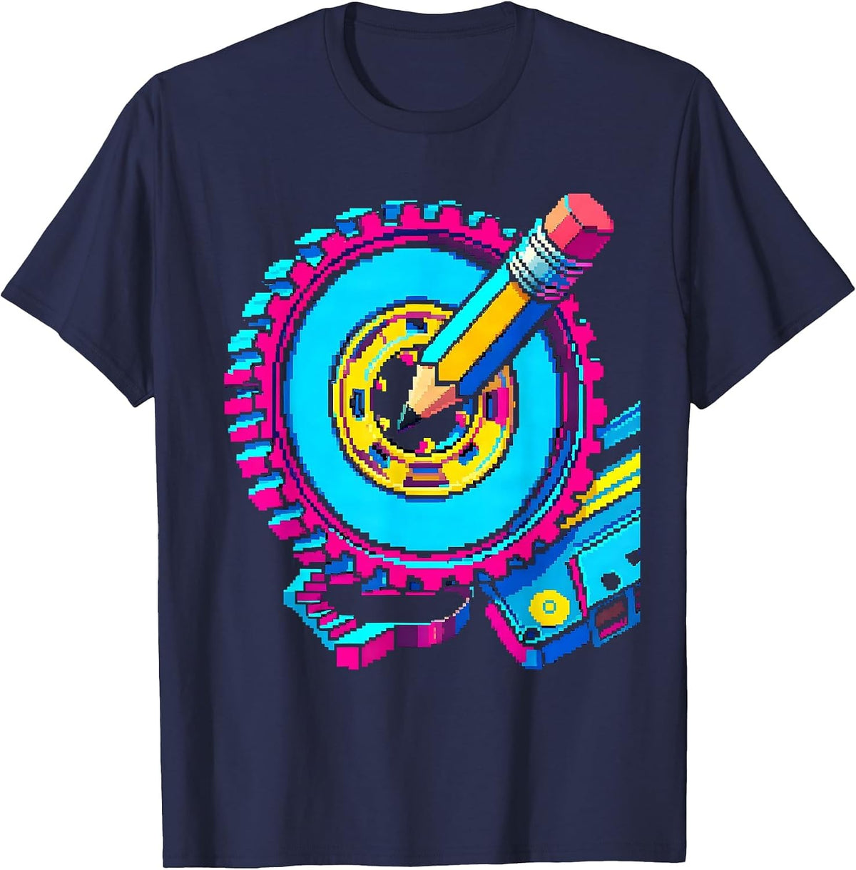 Cassette Hub Pixel Art Retro Nostalgia T-Shirt - Navy Blue
