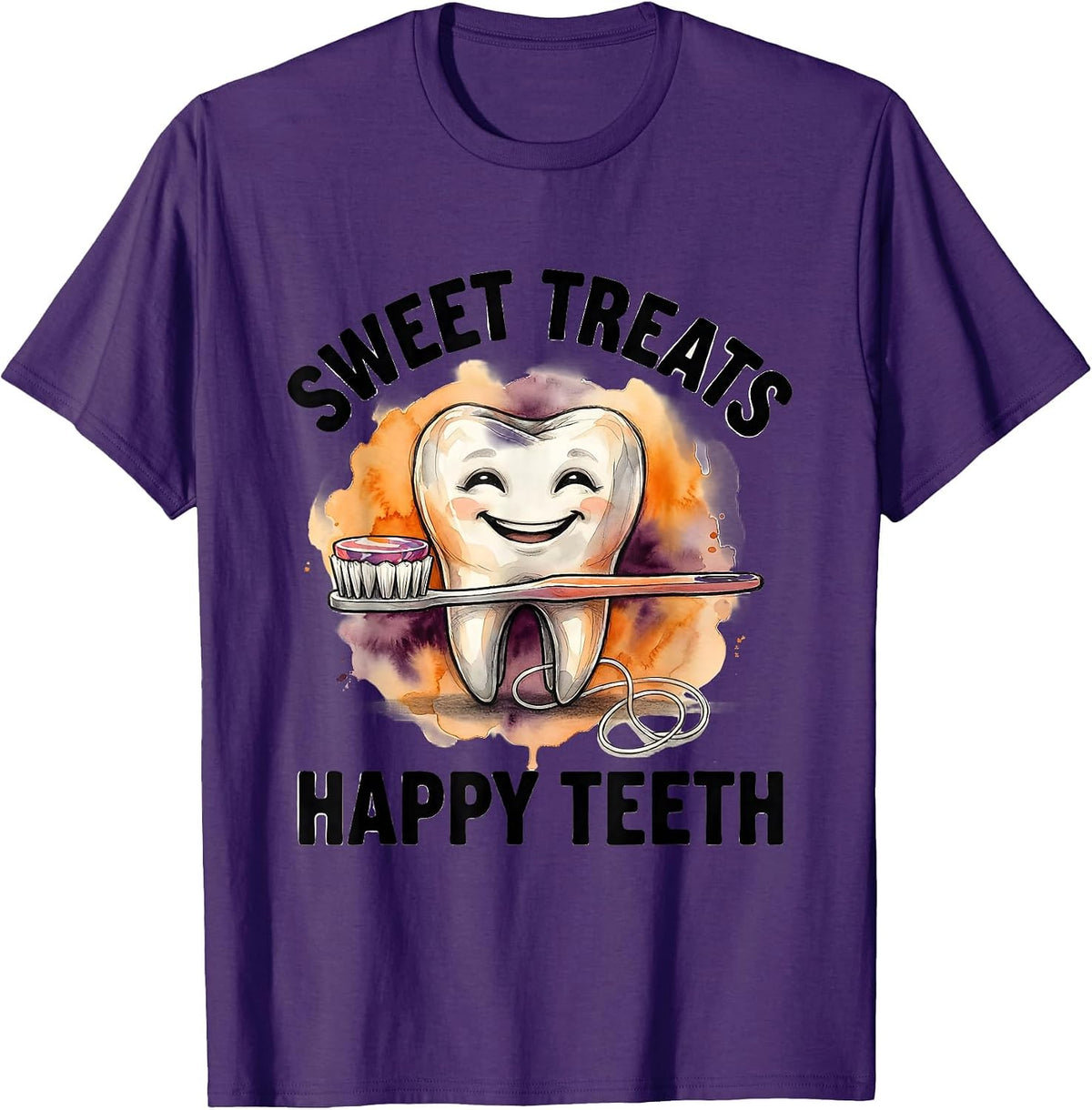 Men's Sweet Treats Happy Teeth Watercolor Dental Humor Halloween T-Shirt - Purple
