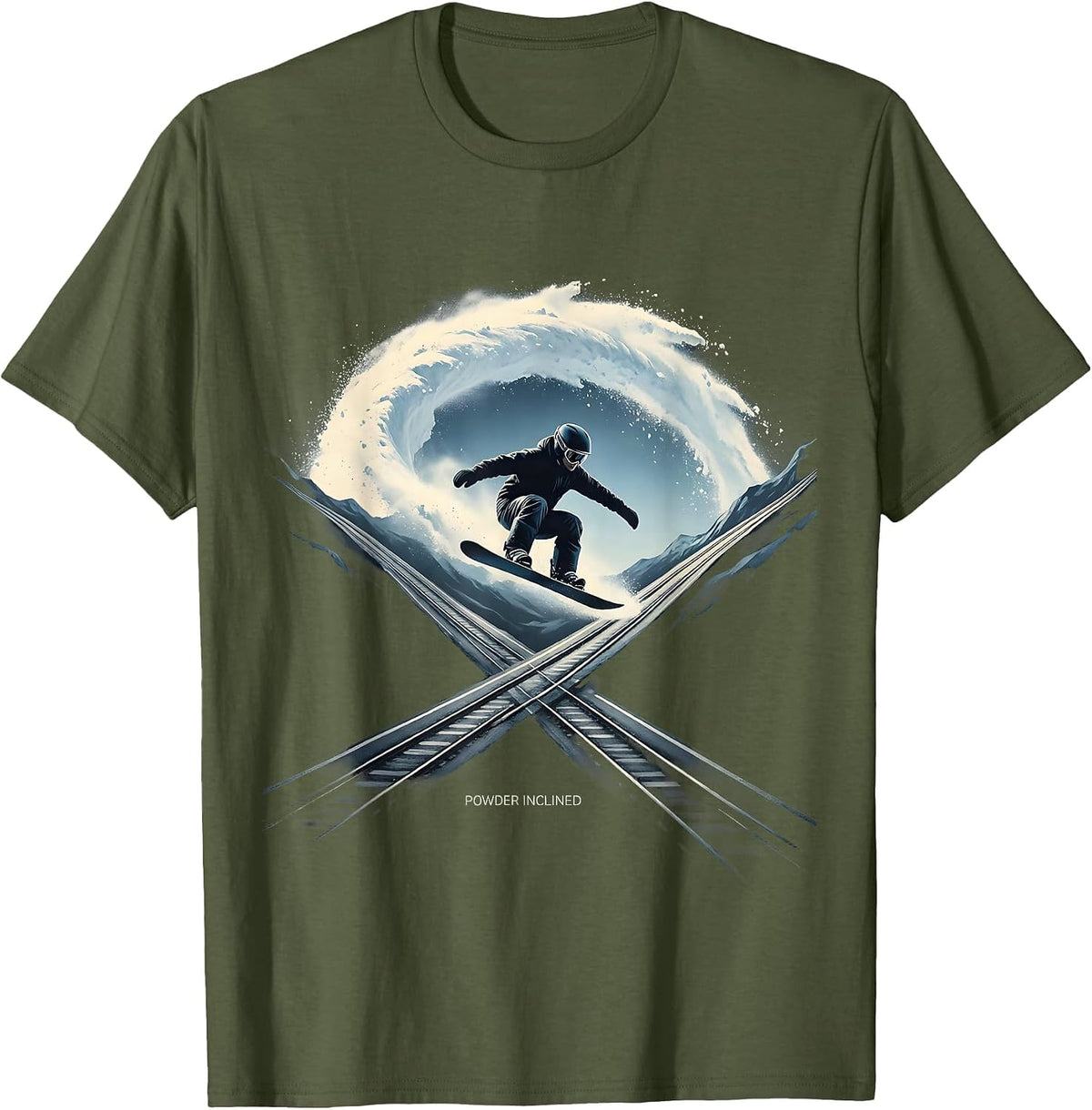 Men's Powder Inclined Minimalist Snowboarder Humor Winter Sports T-Shirt - Olive Green