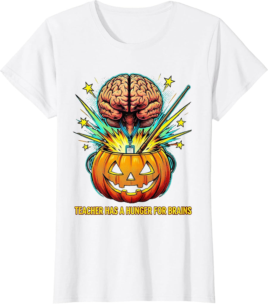 Women's Teacher Has A Hunger For Brains Funny Teacher Halloween Pop T-Shirt - White