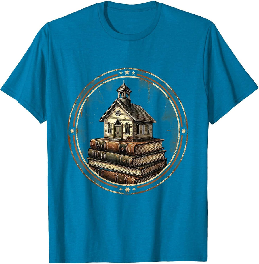 Third Grade Teacher Schoolhouse Books Illustration T-Shirt - Sapphire Blue