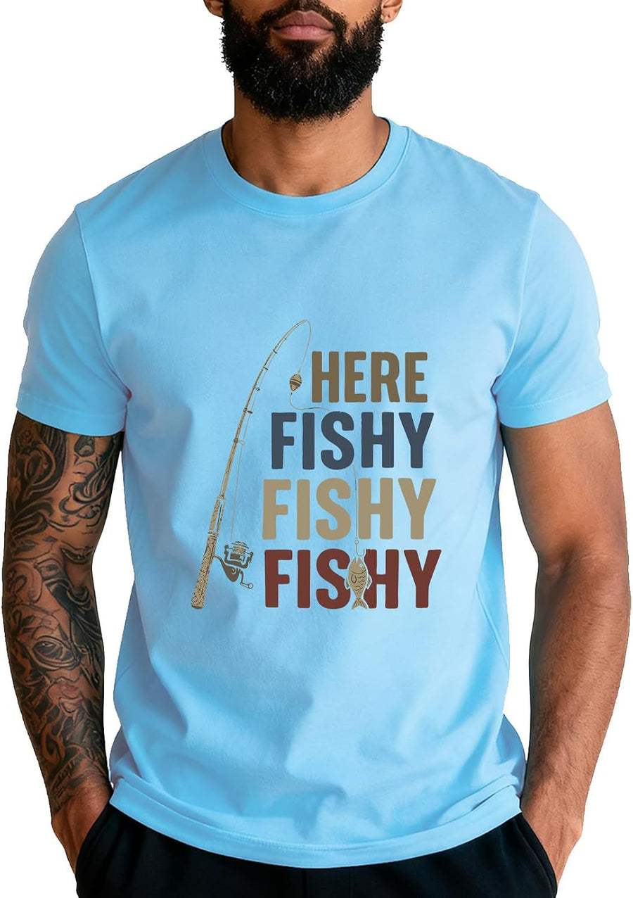 Here Fishy Fishy Fishy Fishing Angler Deep Sea Fishing Funny T-Shirt - Sky Blue