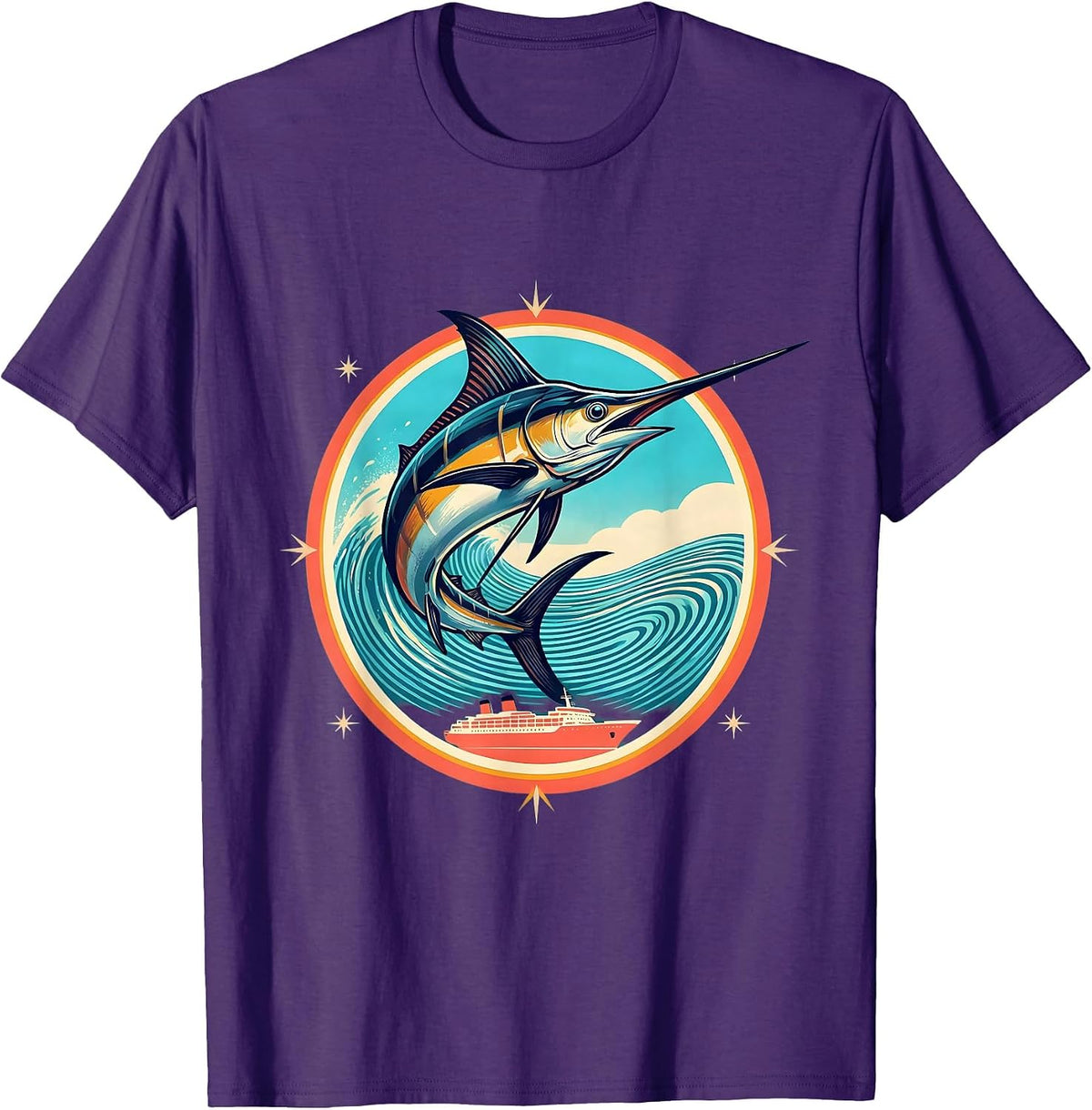 Giant Marlin Leaping Over Ship Wake Cruise T-Shirt - Purple