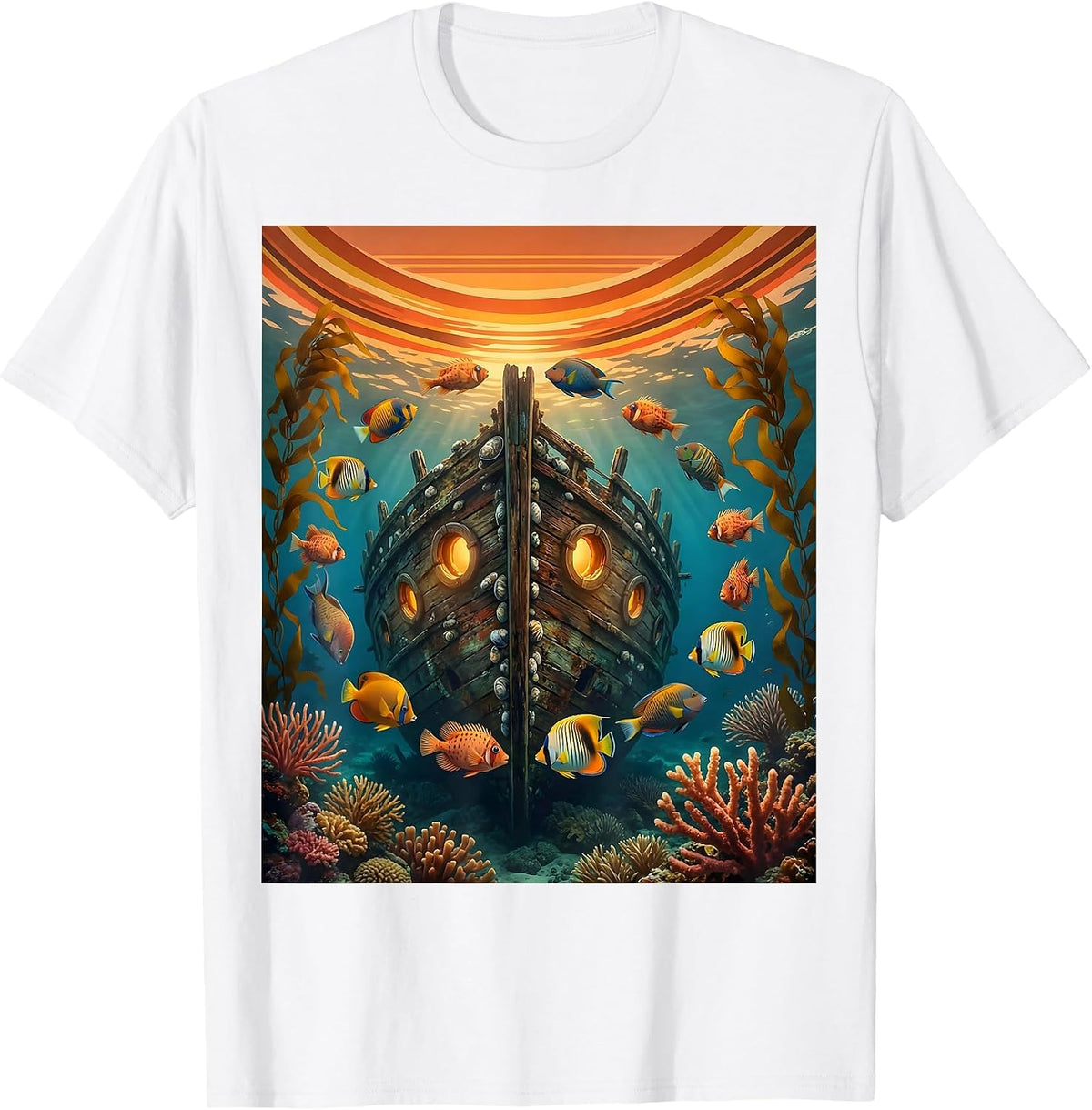 Men's Tropical Fish Sunken Shipwreck Hawaiian Design T-Shirt - White