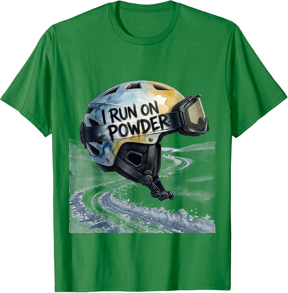 Men's I Run On Powder Watercolor Ski Helmet Funny Ski Lover Gift T-Shirt - Kelly Green