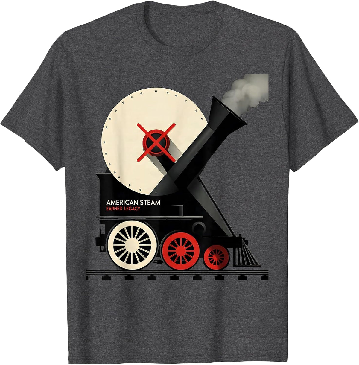 American Steam Earned Legacy Constructivist Poster Train T-Shirt - Dark Heather Grey