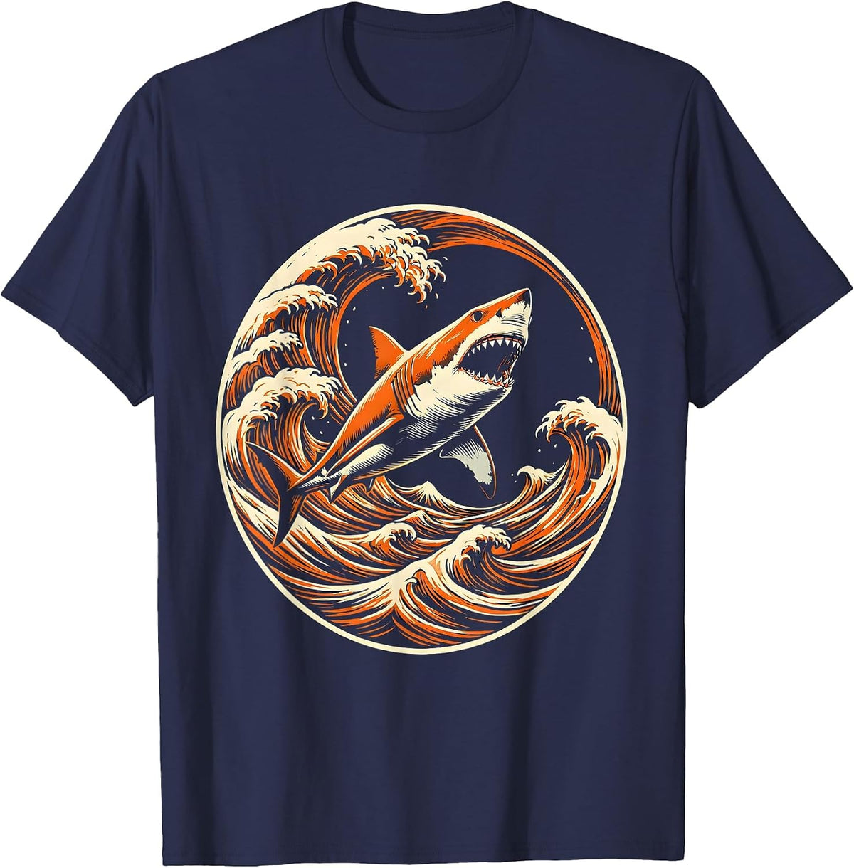 Men's Aggressive Shark Cutting Through Ocean Waves T-Shirt - Navy Blue