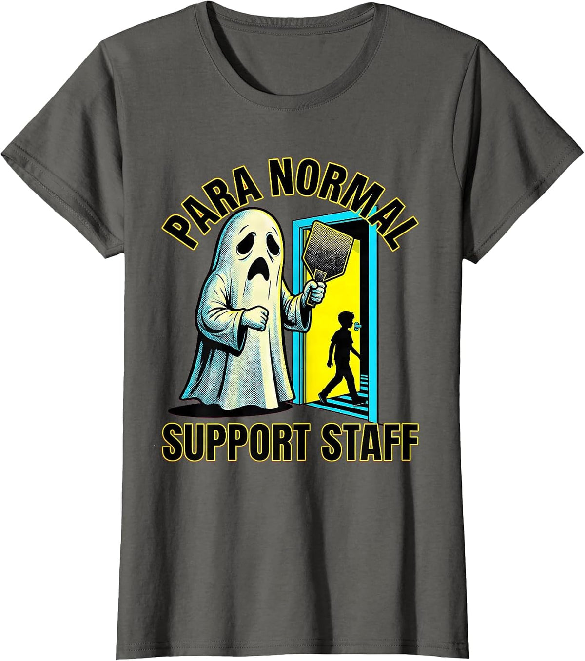Women's Para Normal Support Staff Pop Art Ghost Halloween T-Shirt - Asphalt Grey