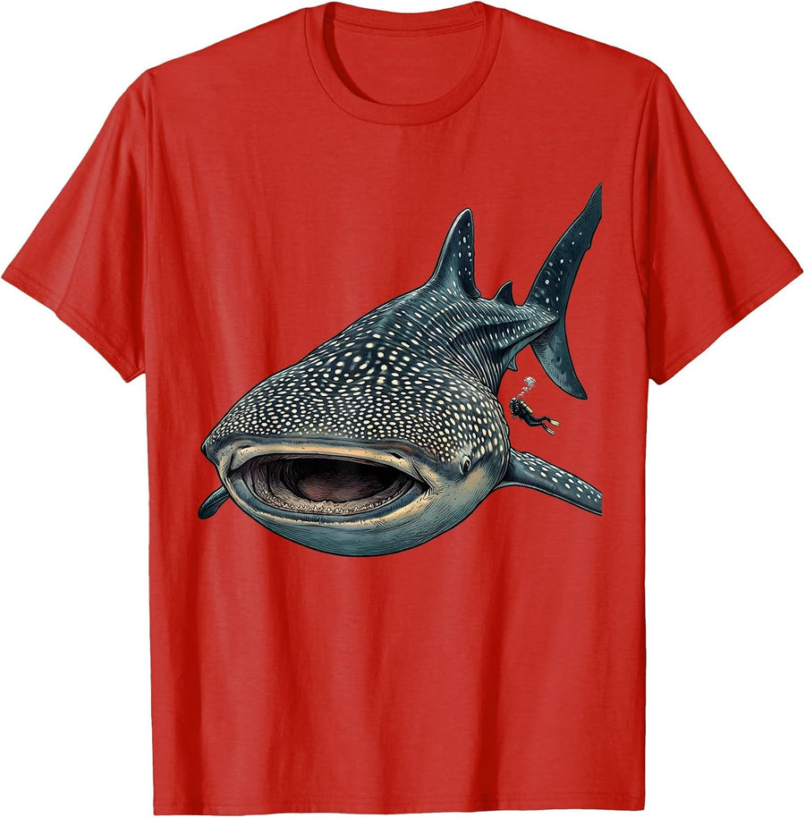 Men's Whale Shark and Diver Ocean Adventure Illustration T-Shirt - Red