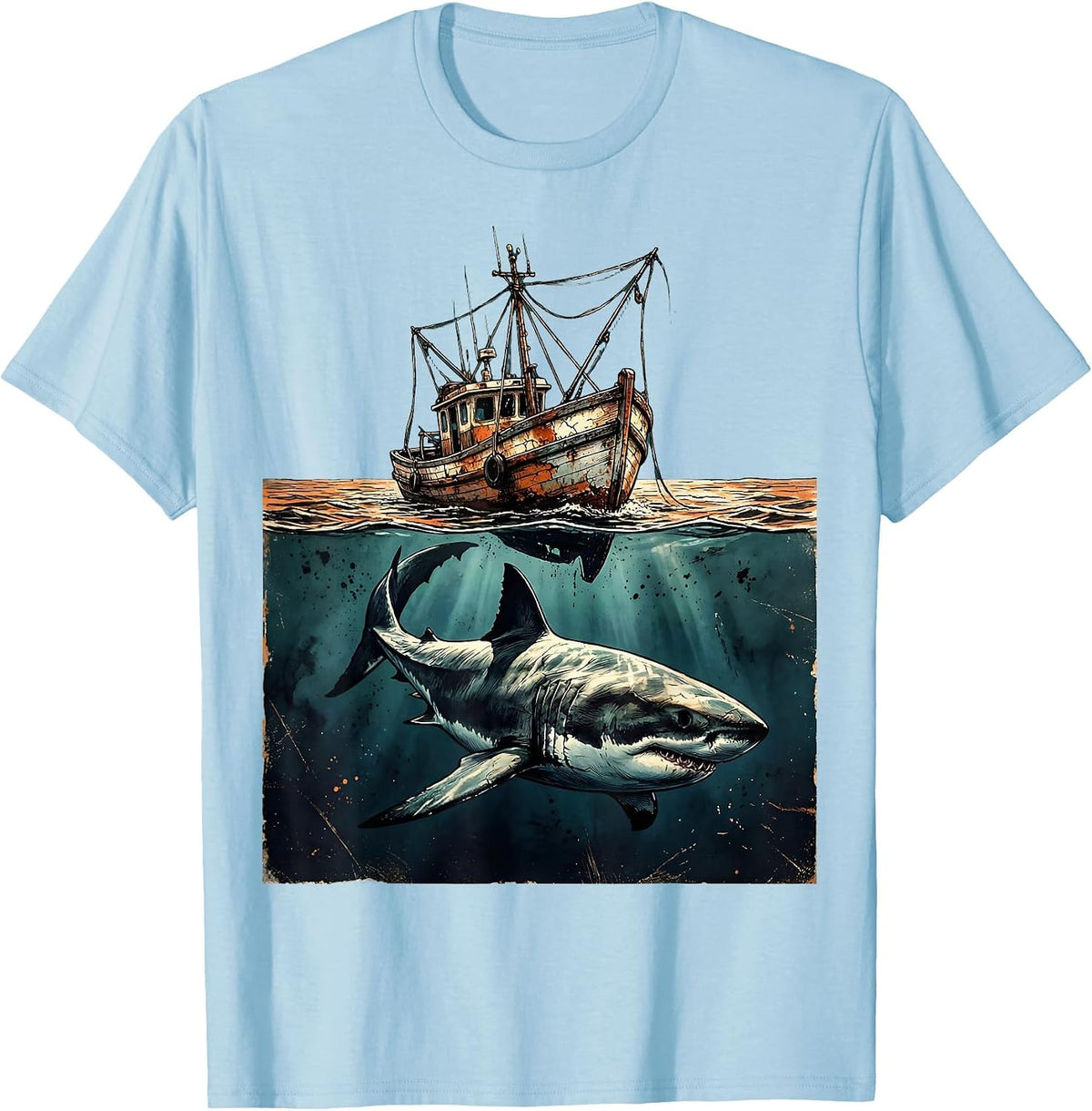 Men's Shark Beneath Fishing Boat Graphic Tee T-Shirt - Baby Blue