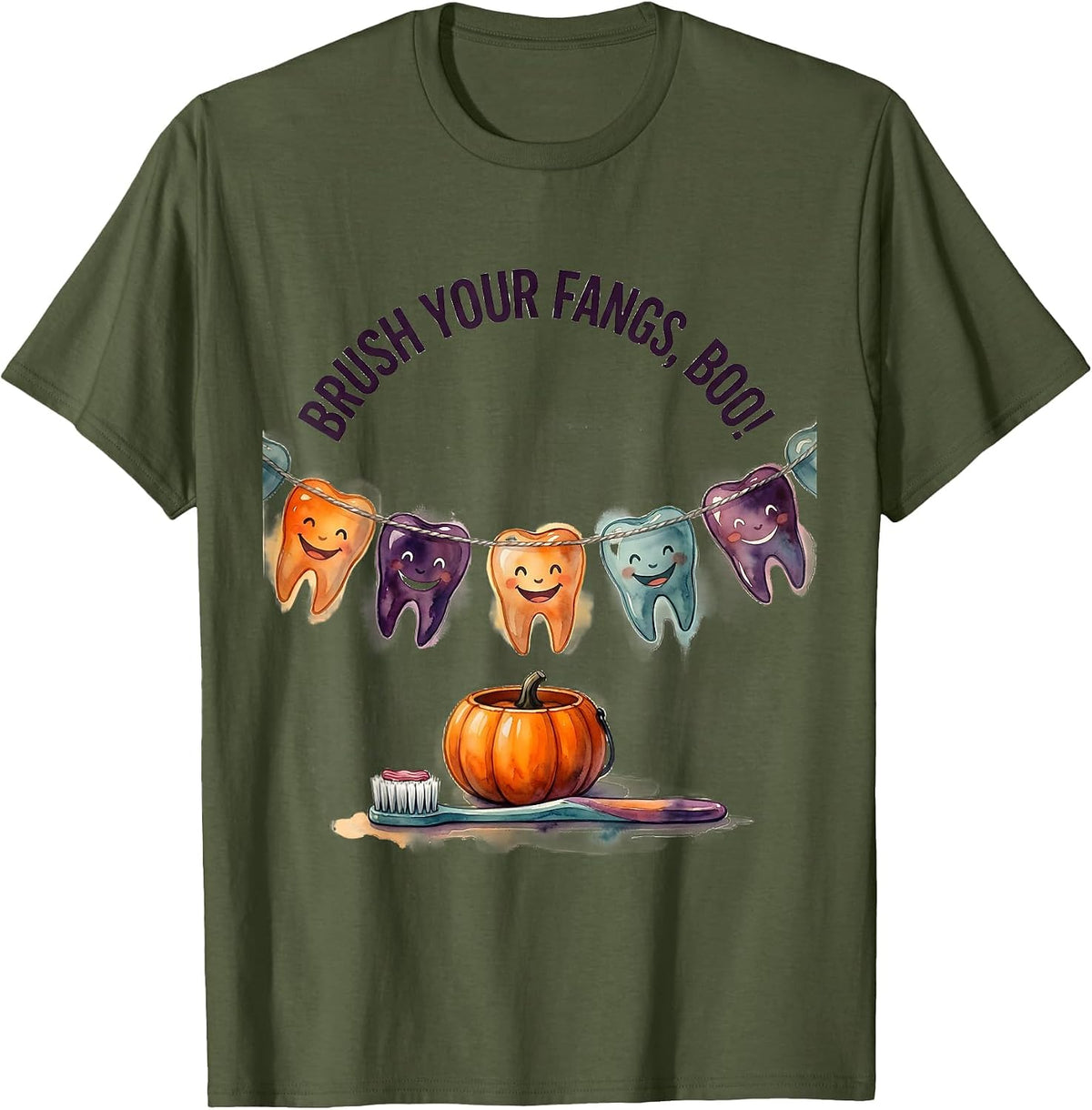 Brush Your Fangs, Boo! Watercolor Dental Humor Halloween T-Shirt - Olive Green