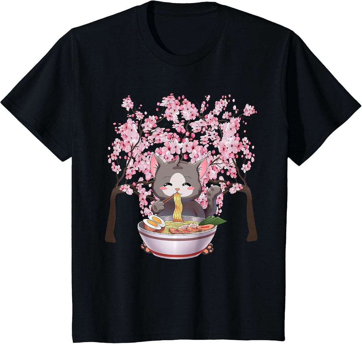 Japanese Blossom Cherry Ramen Easter Cat Kawaii Anime T-Shirt - Black