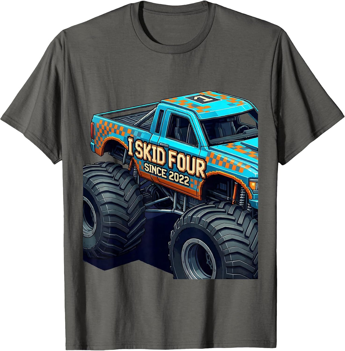Men's I Skid Four Since 2022 Pixel Art Monster Truck Birthday Boy T-Shirt - Asphalt Grey