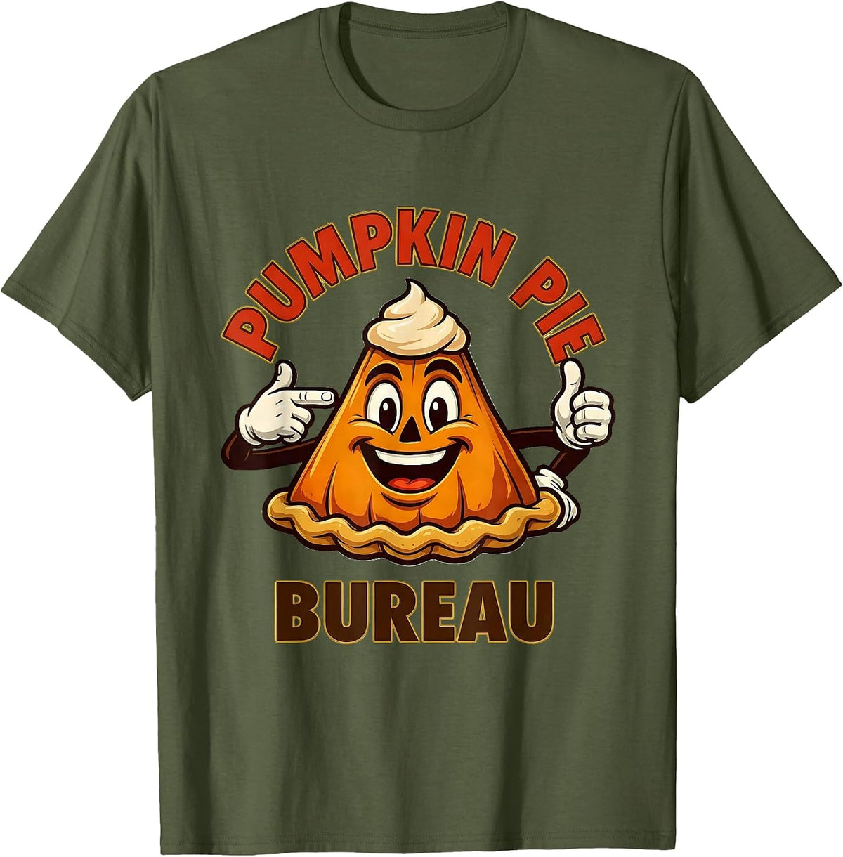 Pumpkin Pie Bureau Retro Advertising Mascot Thanksgiving T-Shirt - Olive Green