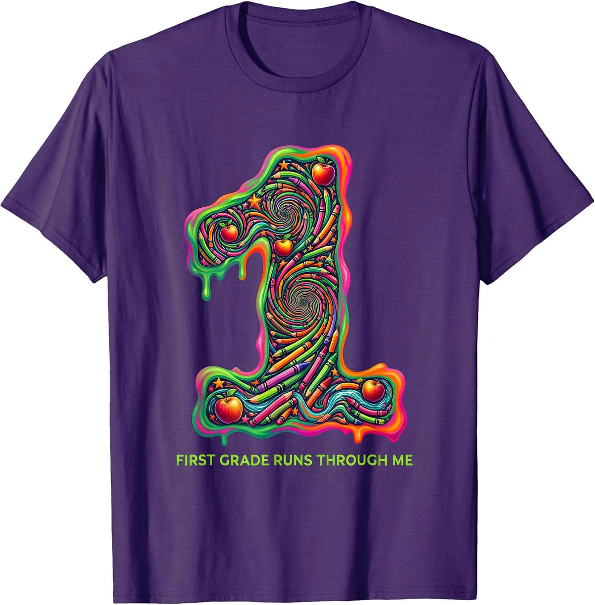 First Grade Runs Through Me Teacher Design T-Shirt - Purple