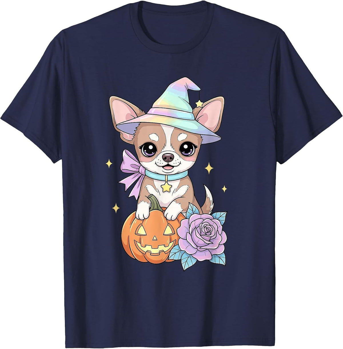 Kawaii Chihuahua Puppy Witch Pumpkin Halloween Pastel Dog T-Shirt - Navy Blue