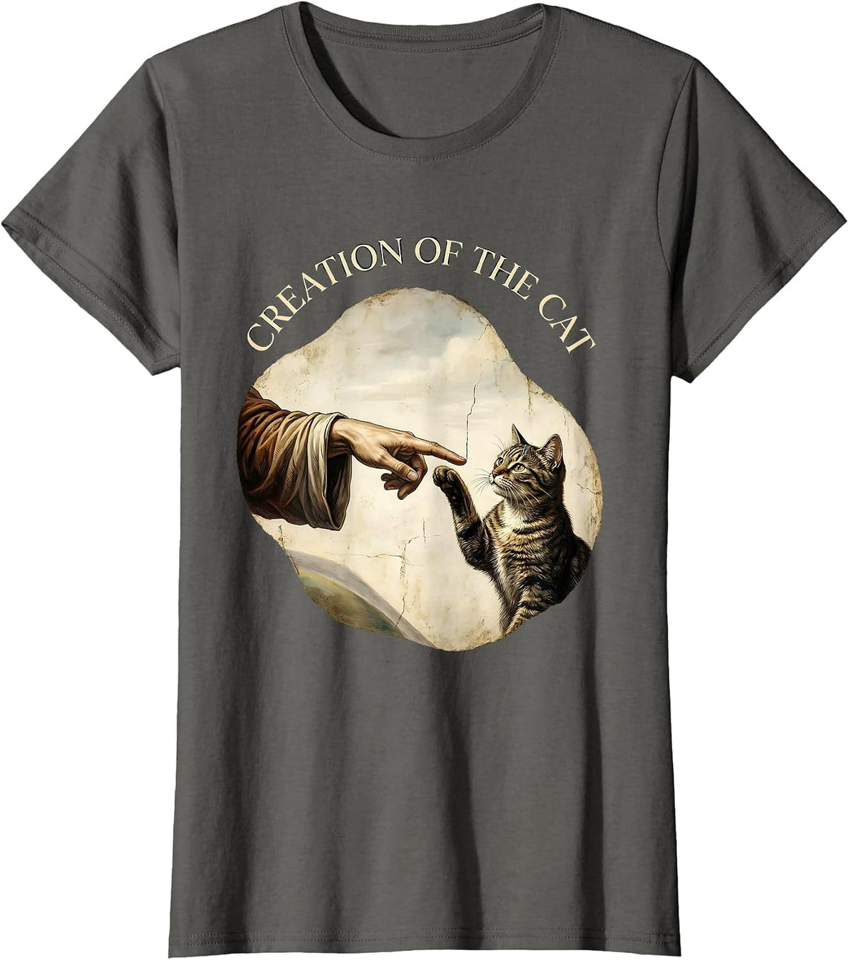 Women's Creation Of The Cat Funny Cat Meme Religious Art Parody T-Shirt - Asphalt Grey