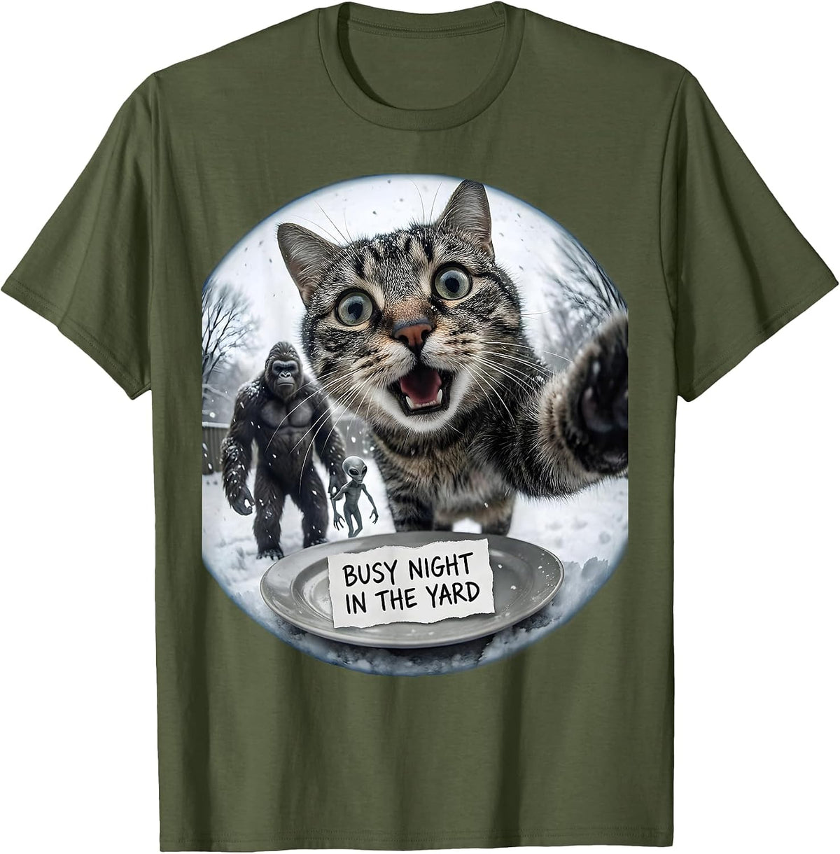 Men's Busy Night In The Yard Funny Cat Bigfoot Alien Meme Humor T-Shirt - Olive Green
