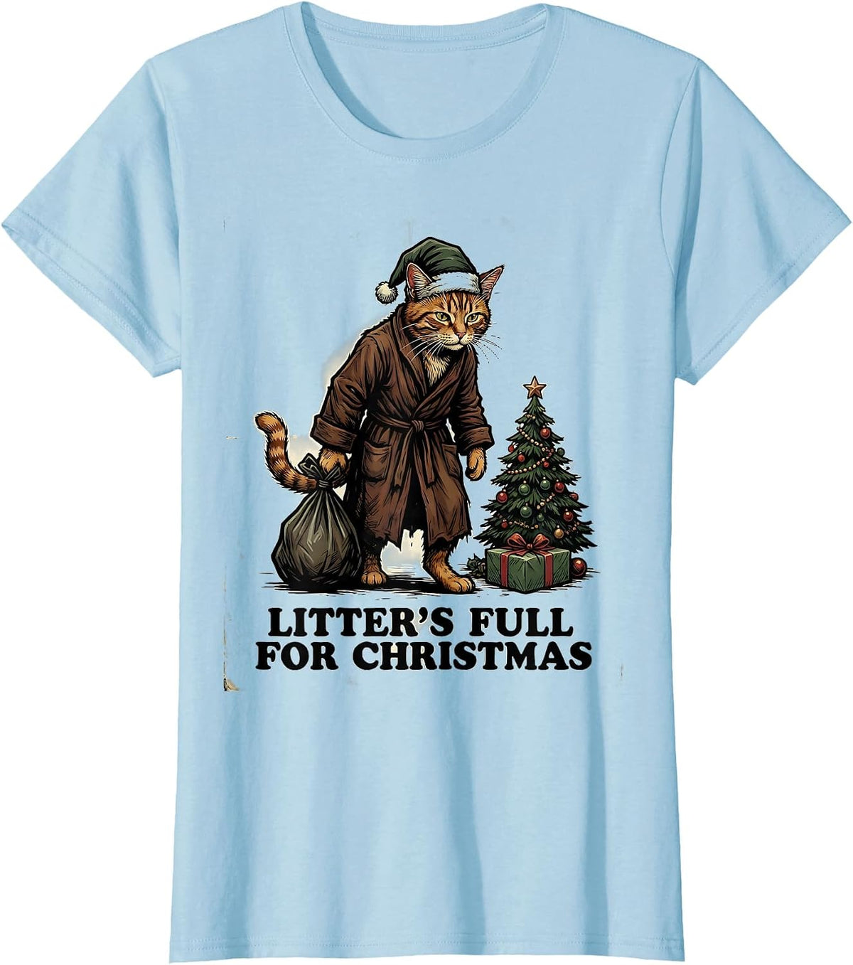 Litter's Full For Christmas Funny Cat Lover Vintage T-Shirt - Baby Blue